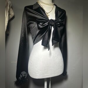 Black Satin Tie-Front Blouse